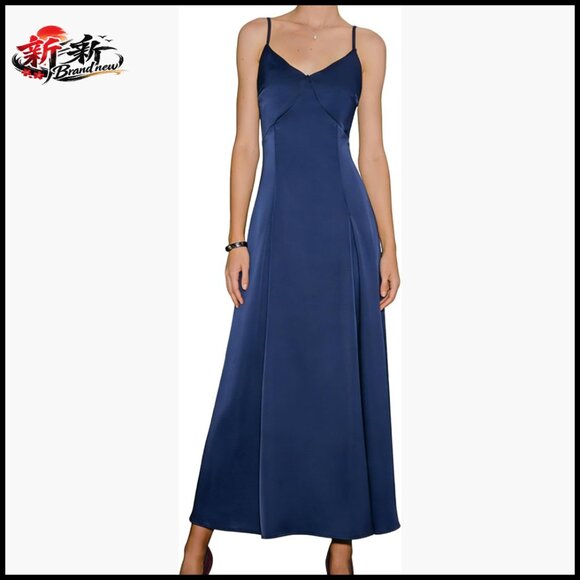 Satin-Like Polyester A-Line Midi Dress with Adjustable Spaghetti Straps
